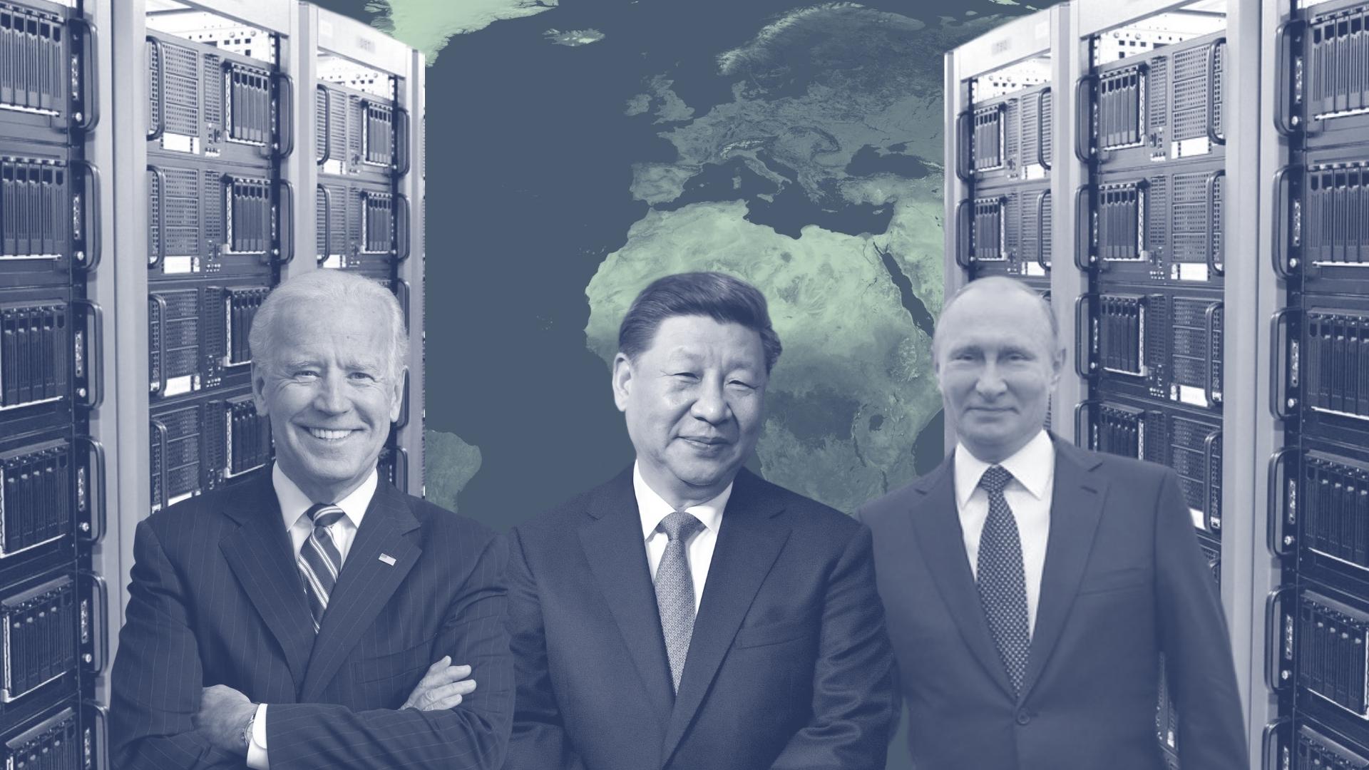 Biden, Xi and Putin surrounded by computer servers in front of a map of the world
