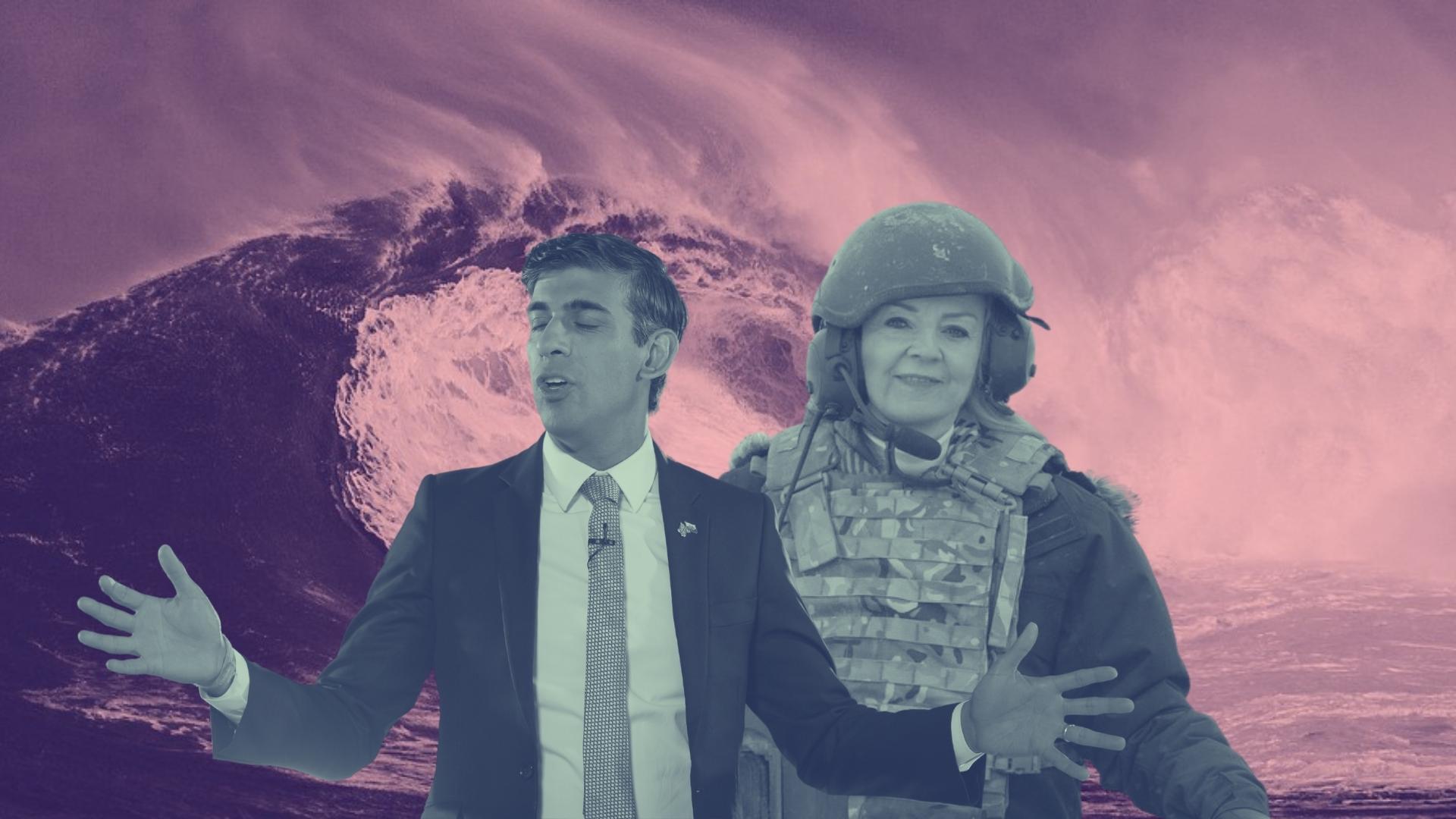 Rishi Sunak with his eyes closed and Liz Truss with a helmet covering her ears whilst a tsunami wave approaches