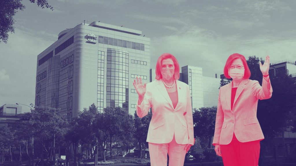 US House Speaker Nancy Pelosi with Taiwanese President Tsai Ing-wen in front of a Taiwanese semiconductor factory.
