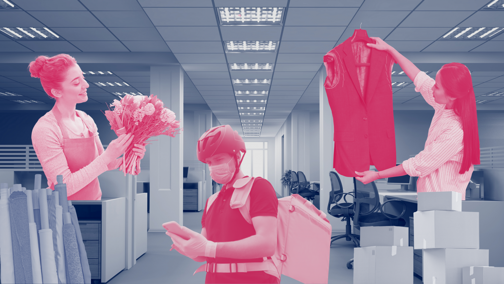 An office scene overlayed with a florist, delivery driver and dressmaker.
