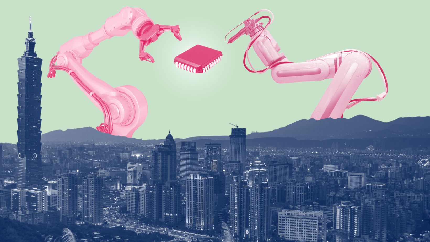 Taiwan landscape with two emerging mechanical arms and a semiconductor between them.