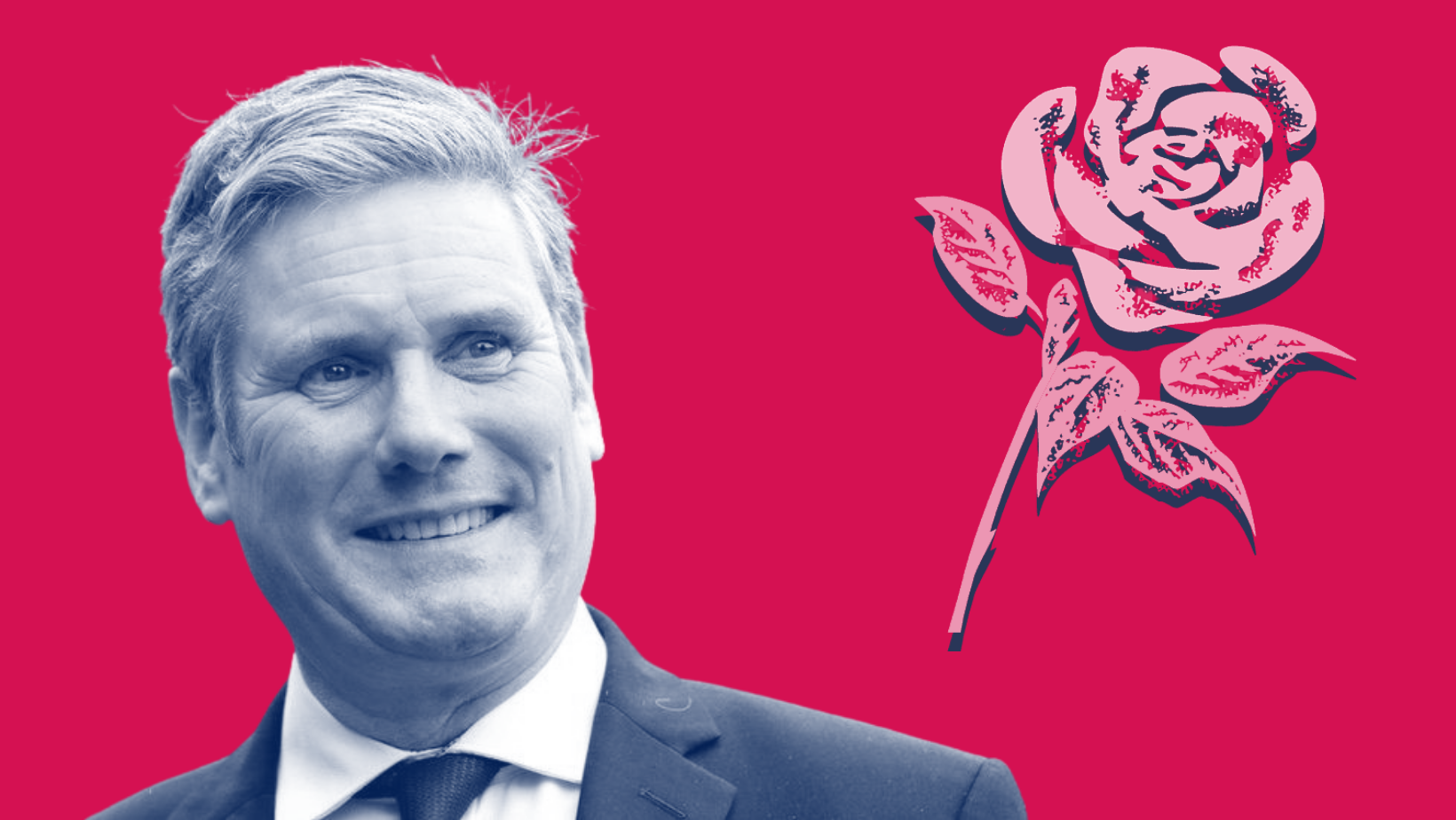 Keir Starmer on left in blue, Labour Rose on the right in pink.