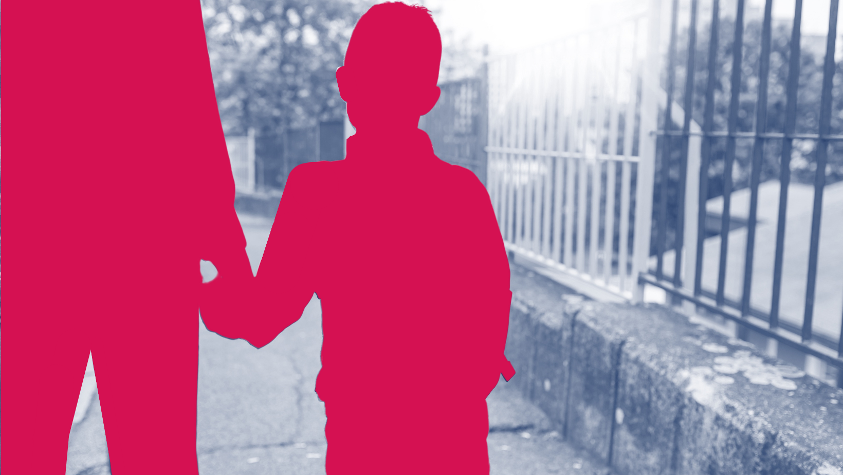 Blue background of outside school gates, pink outline of parent holding the hand of a child on the left hand side of image.