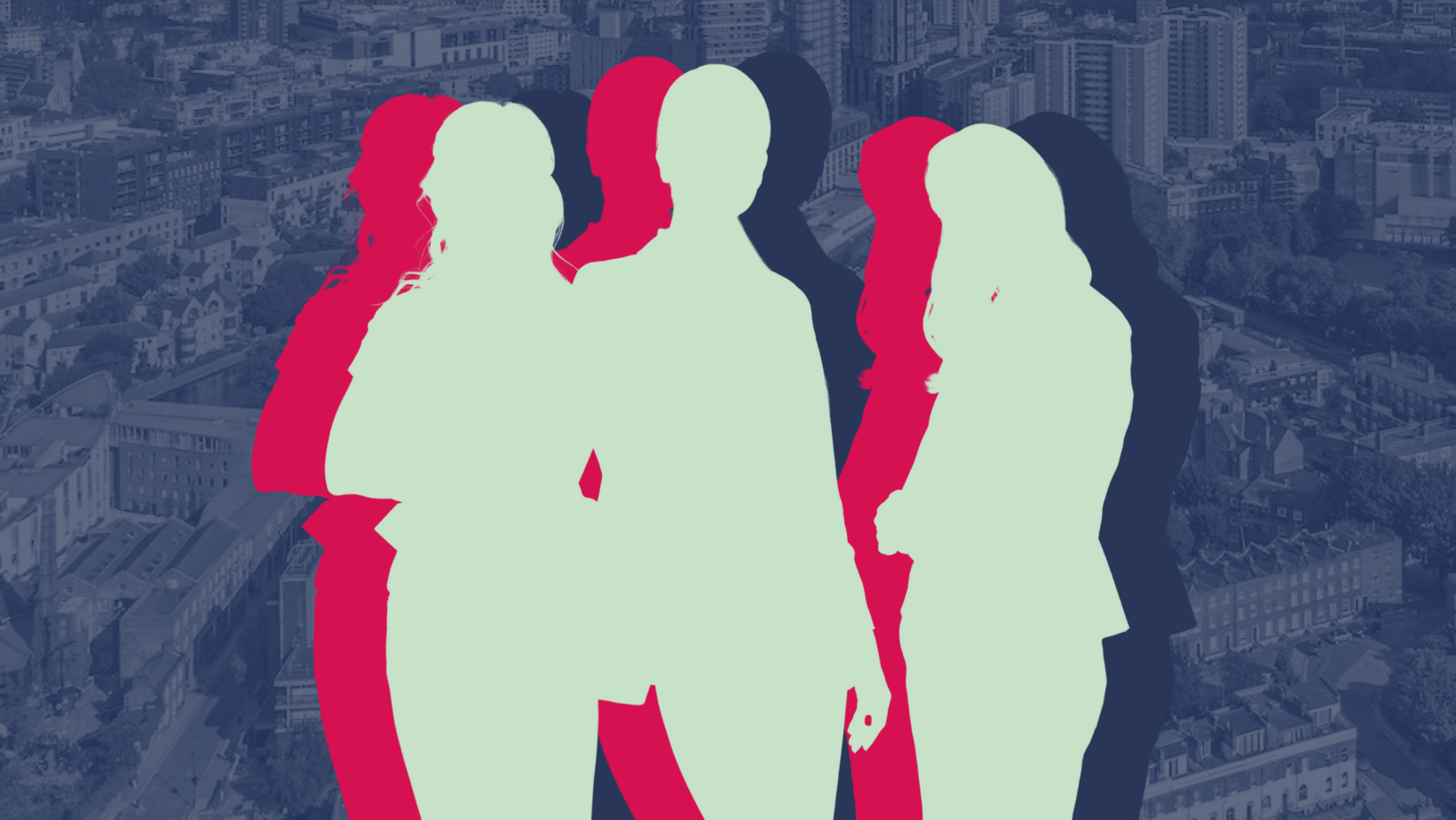 Outlines of 3 women set against backdrop of Islington