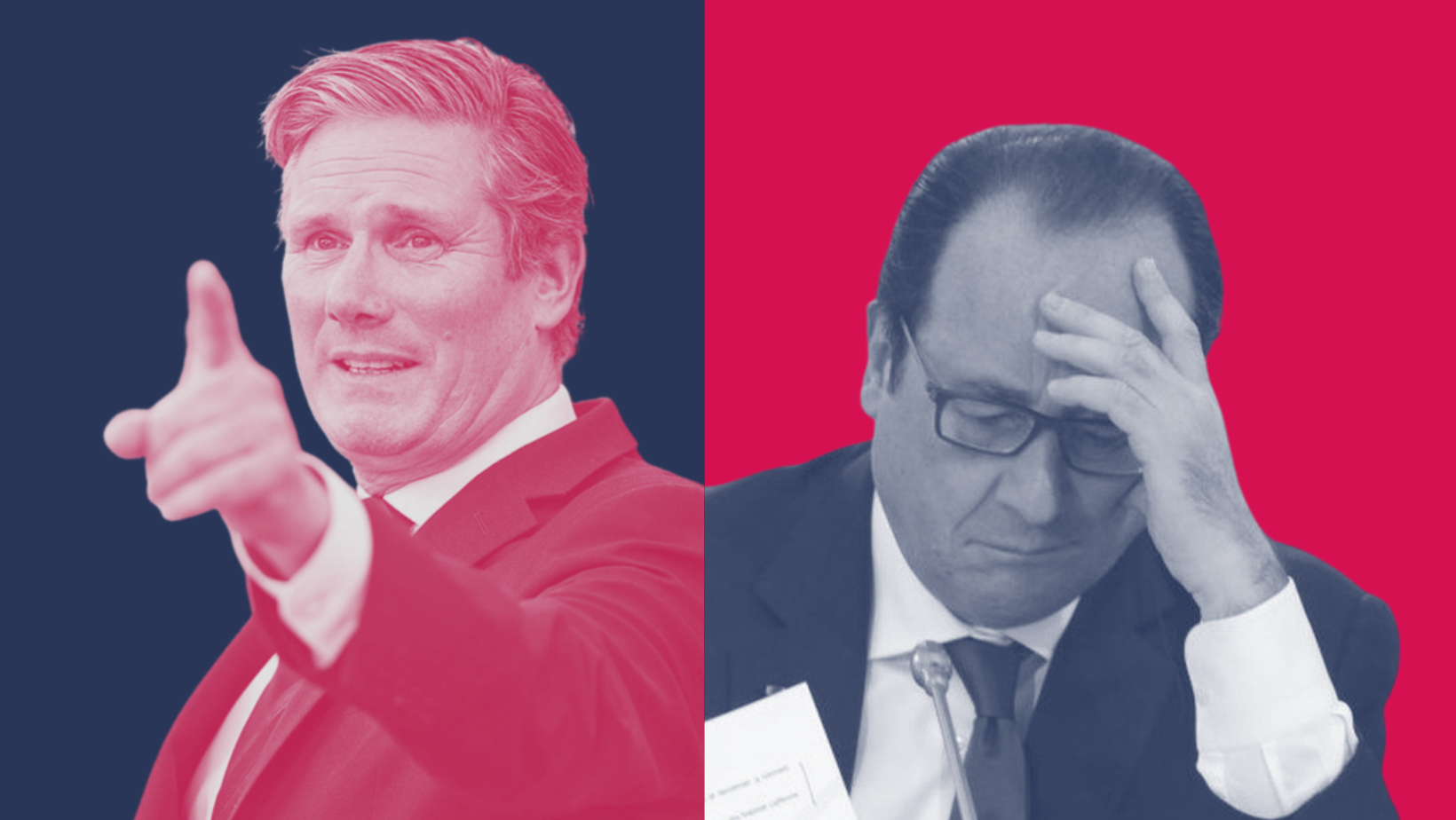 Keir Starmer on the left looking optimistic, Francois Hollande on the right with head in his hands