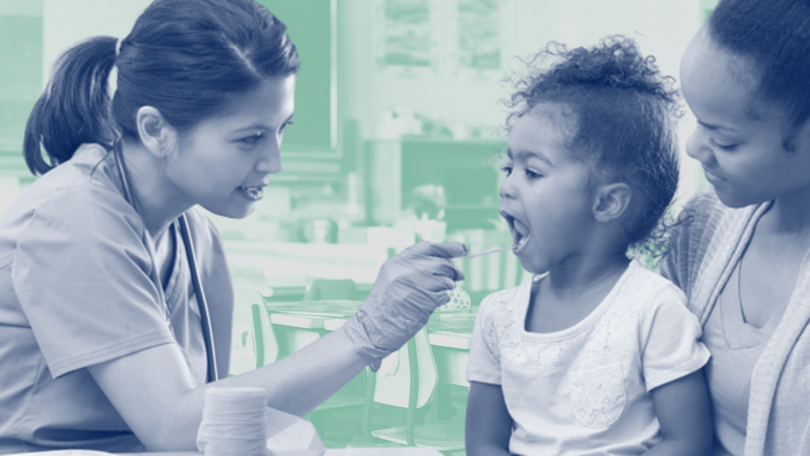 School nurse taking child's temperature with thermometer while child is held by mother.